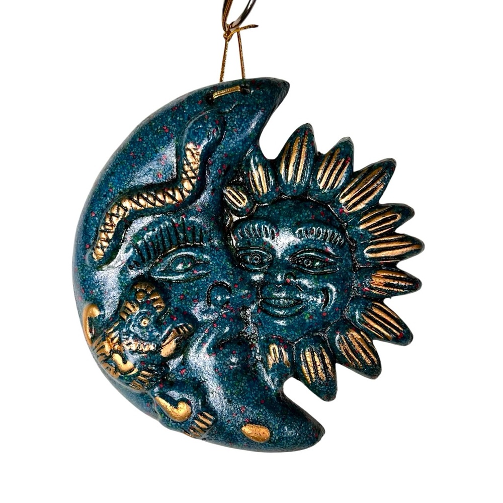 Sun & Moon Clay/Pottery Wall Hanging Teal Gold Metallic Celestial Decor Boho